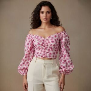 ZARA Off Shoulder Floral Crop Top - Blogger Coquette Romantic Feminine - Size XS